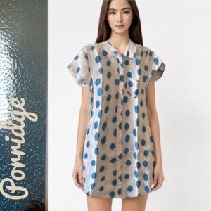 Anthropology Linen Blend Porridge Coin Dot Pattern Shirt Dress Size Small
